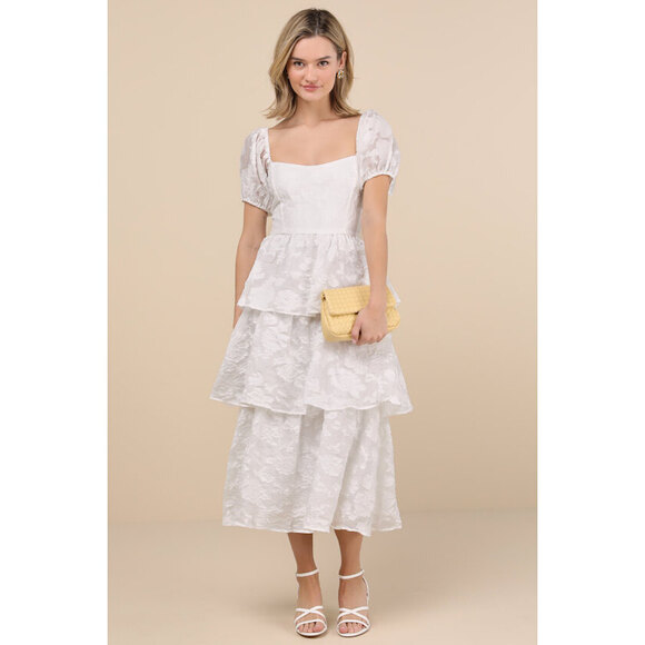 Lulus Dresses & Skirts - Lulus Mesmerizing Sweetheart Ivory Jacquard Puff Sleeve Midi Dress White